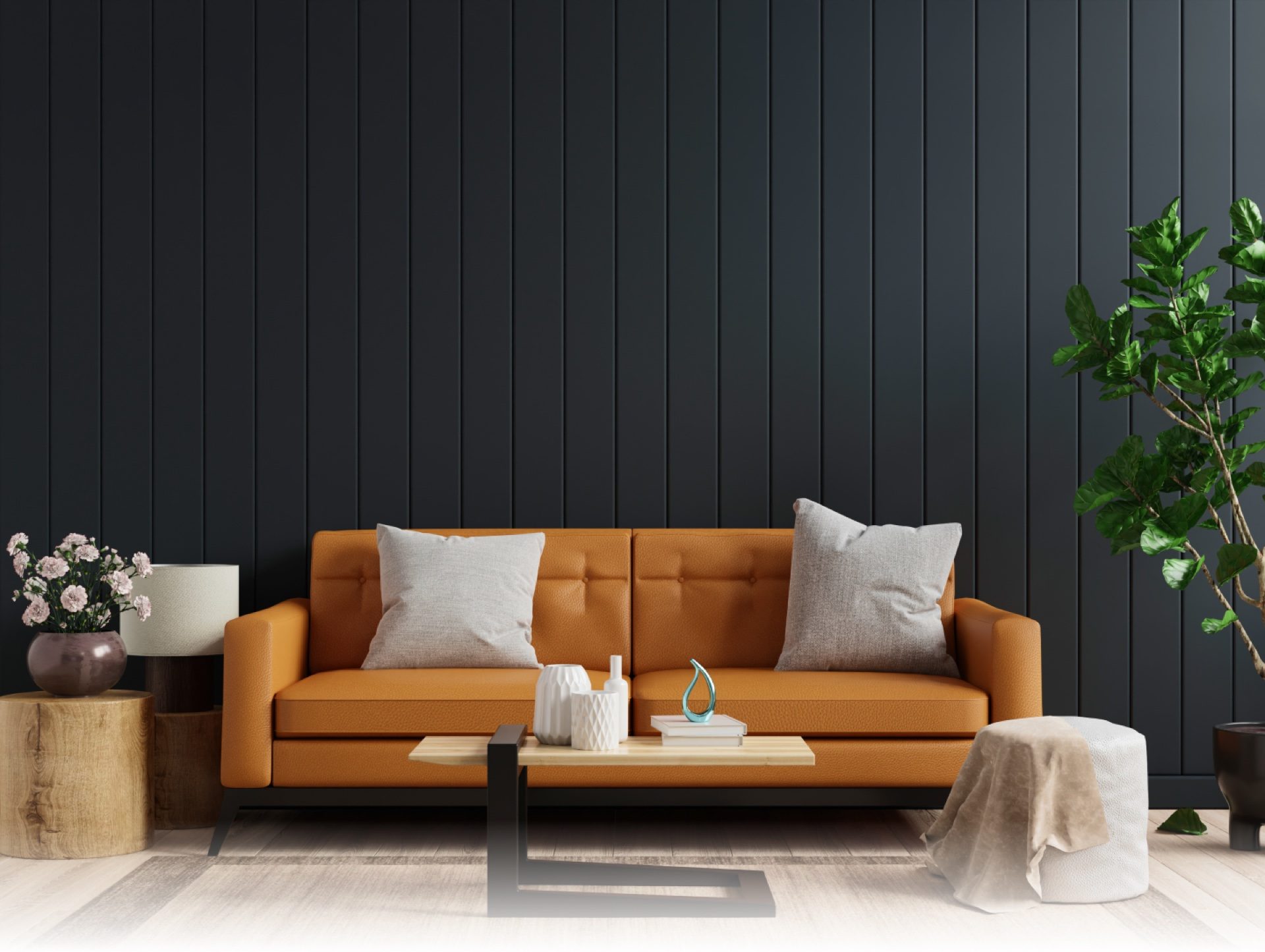 Modern living room with an orange sofa in front of a dark wood panel wall
